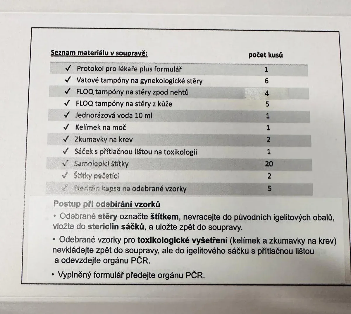 Seznam materiálu v soupravě a postup při odebírání vzorků